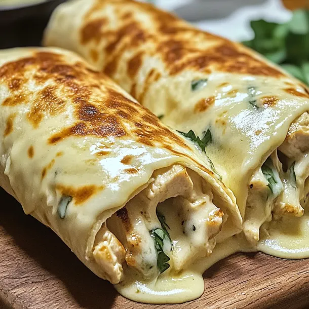 A chicken burrito on a wooden board.