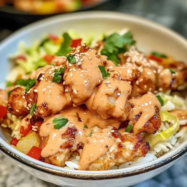 A bowl of food with chicken and rice.