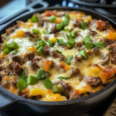 A pan of food with cheese and peppers.