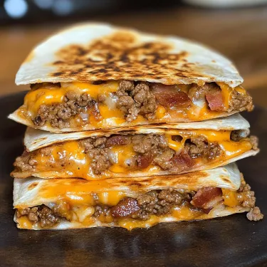 A stack of three tacos with cheese and bacon.