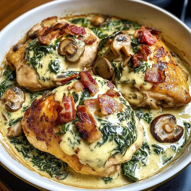 A bowl of chicken with mushrooms and bacon.