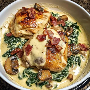 A bowl of food with chicken and mushrooms.