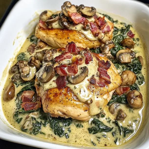 A plate of food with mushrooms and bacon.