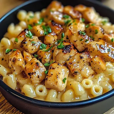 A bowl of chicken and pasta.