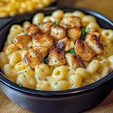 A bowl of macaroni and cheese with chicken.