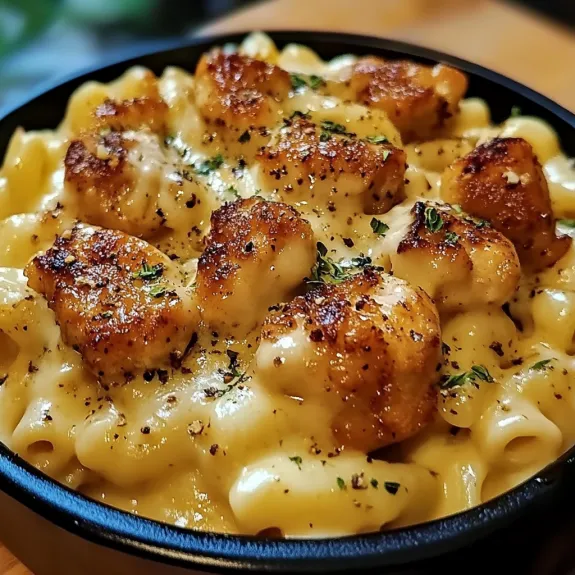 A bowl of macaroni and cheese with chicken.