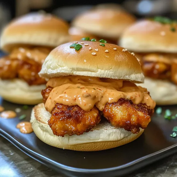 A plate of chicken sandwiches with sauce.