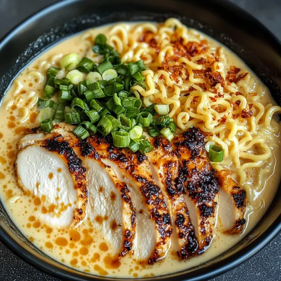 A bowl of noodles with chicken and vegetables.