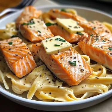 A bowl of pasta with salmon and cheese.