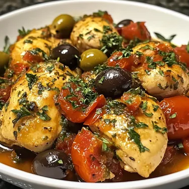 A bowl of chicken with olives and tomatoes.