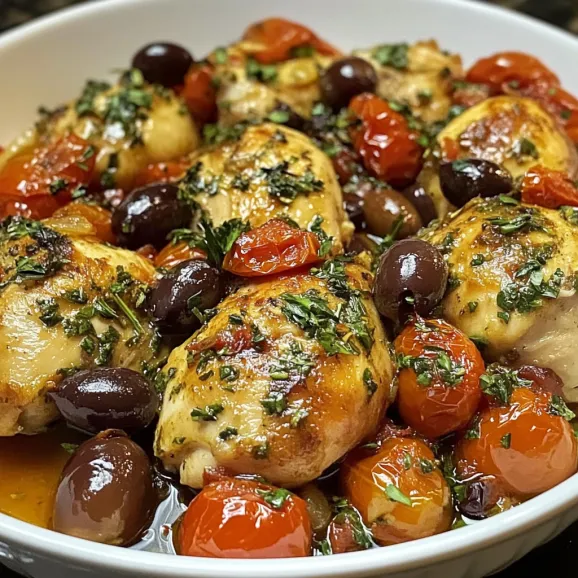 A bowl of chicken and tomatoes.