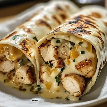 A chicken burrito with cheese and sauce.