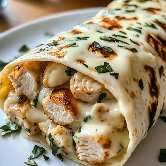 A chicken burrito with cheese and green onions.