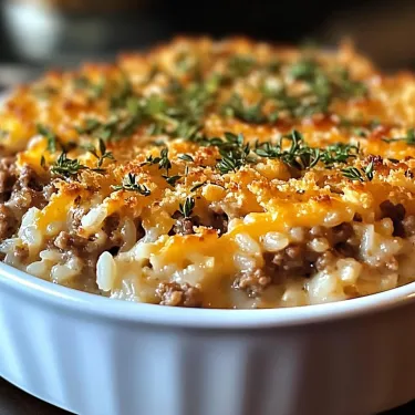 A close up of a casserole dish with rice and meat.