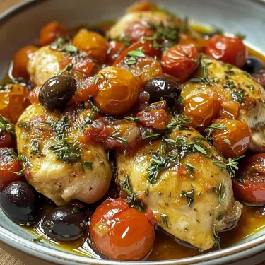 A plate of chicken with tomatoes and olives.