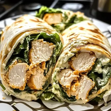A plate with a wrap containing chicken and lettuce.