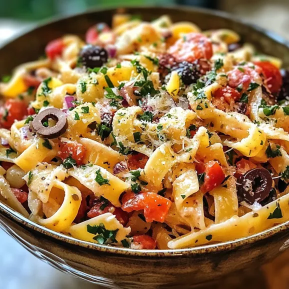A bowl of pasta with tomatoes, olives, and cheese.