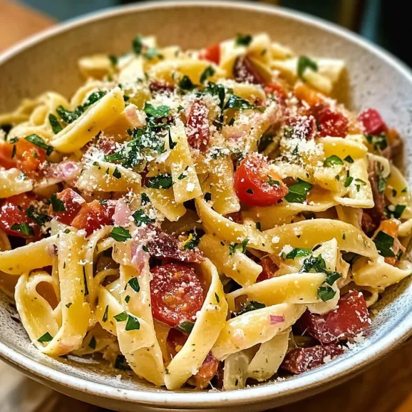 A bowl of pasta with tomatoes and cheese.