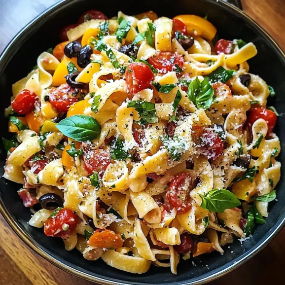 A bowl of pasta with tomatoes and olives.