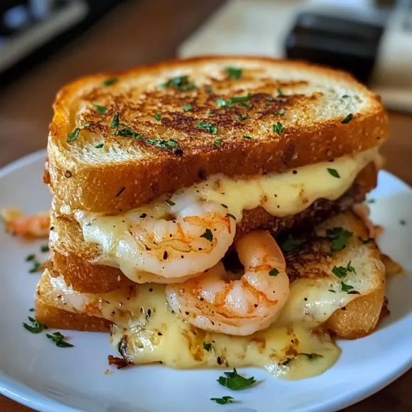 A sandwich with shrimp and cheese on a white plate.