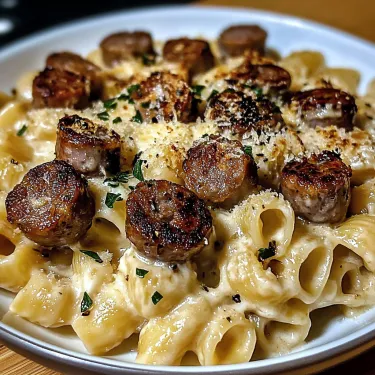 A plate of pasta with sausage and cheese.