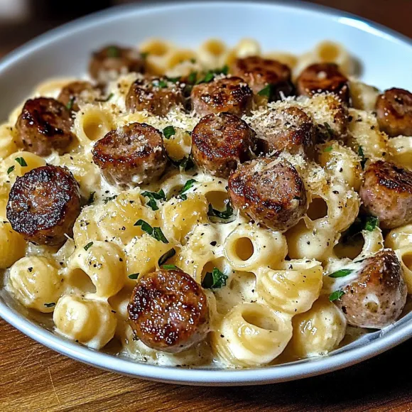A bowl of pasta with sausage and cheese.