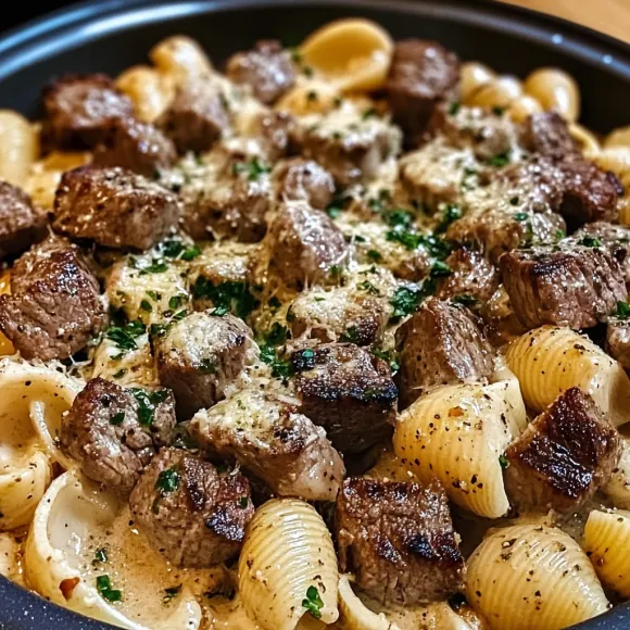 A bowl of pasta with meat and cheese.