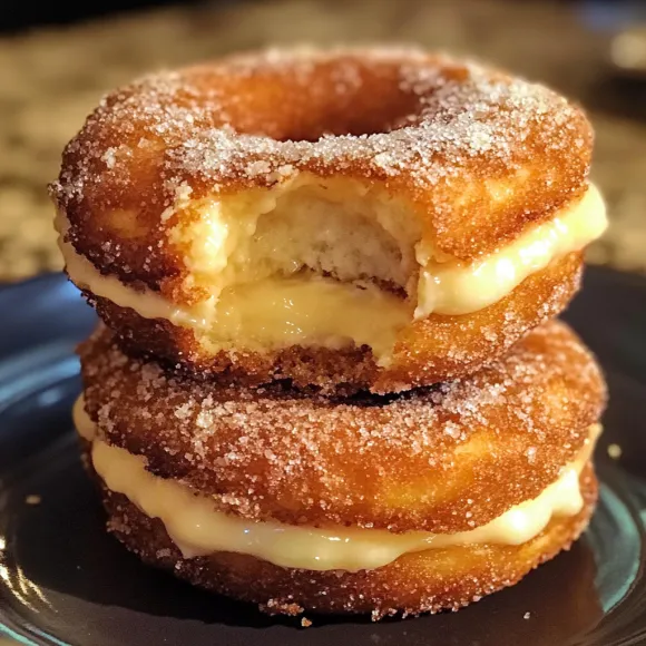 A stack of powdered donuts with frosting.