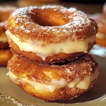 Two donuts with white frosting and powdered sugar.