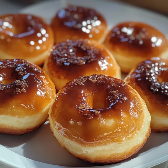 A plate of donuts with glaze.