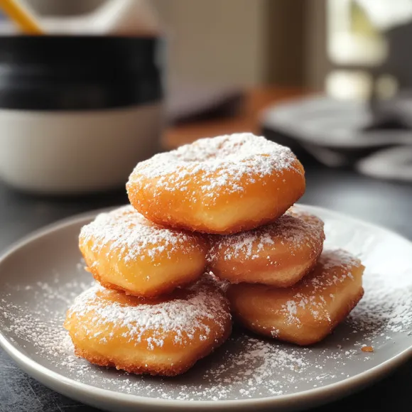 A stack of powdered donuts on a plate.