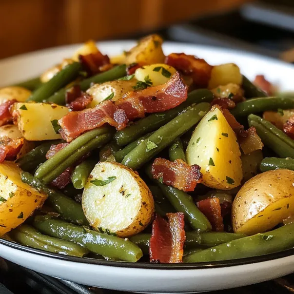 A plate of food with bacon and green beans.