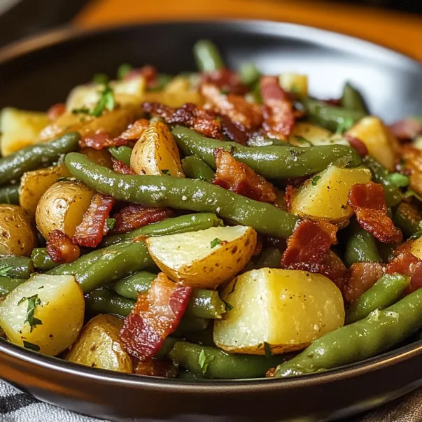 A plate of food with bacon and green beans.