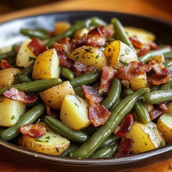 A plate of food with bacon and green beans.