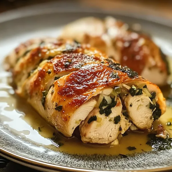 A plate of chicken with sauce.