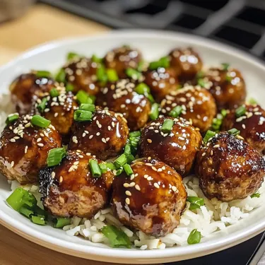 A plate of meatballs with sauce and green onions.