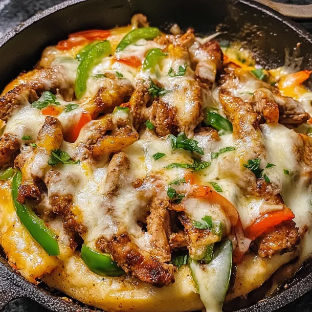 A pan of food with chicken and peppers.