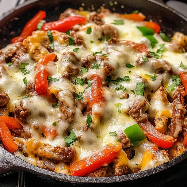 A skillet of food with peppers and cheese.
