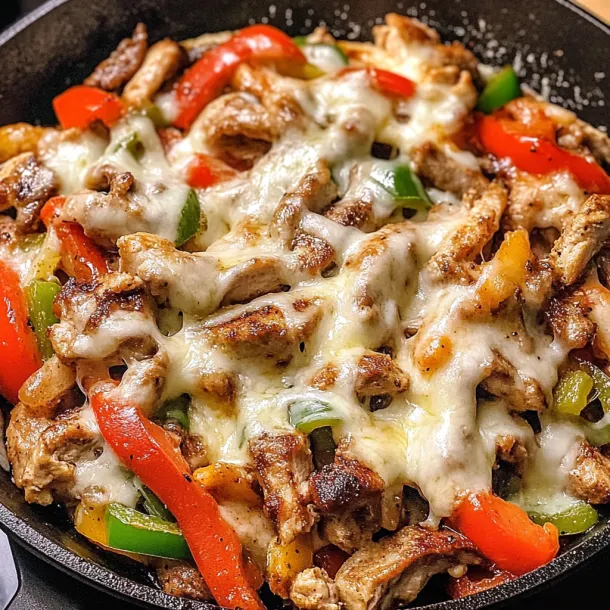 A pan of food with peppers and cheese.