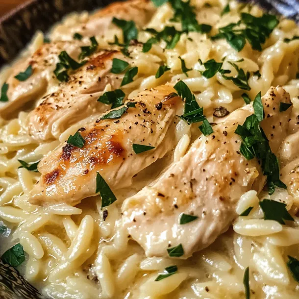 A bowl of pasta with chicken and herbs.