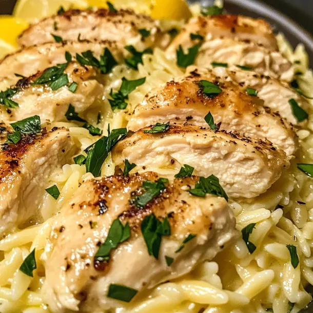 A plate of chicken with lemon and herbs.