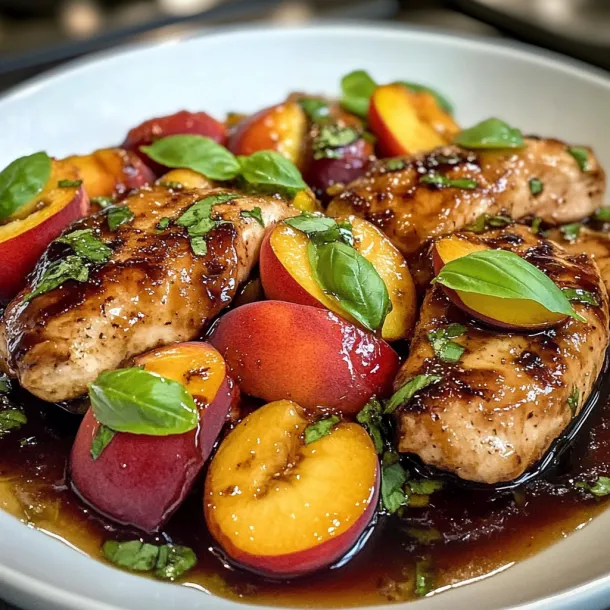 A plate of chicken with peaches and spinach.