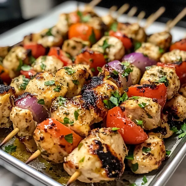 A tray of grilled chicken skewers with tomatoes and onions.