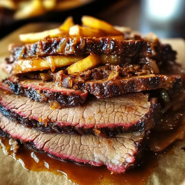 A stack of beef brisket with fries on top.