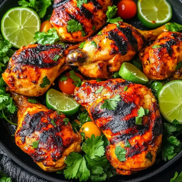 A bowl of chicken with limes and herbs.