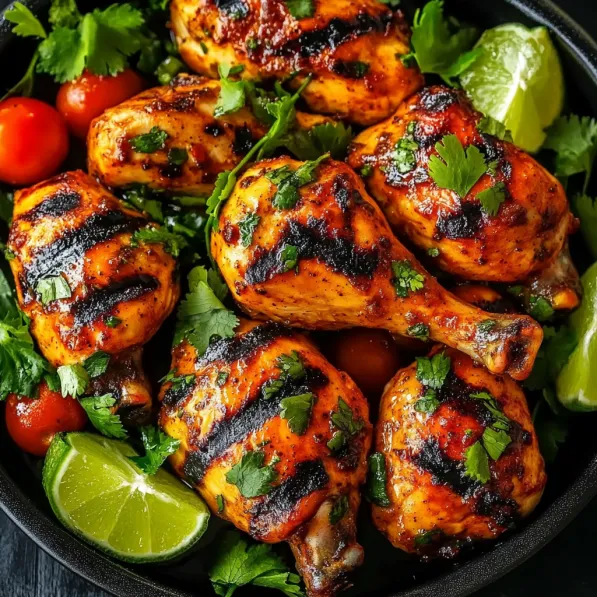 A bowl of chicken with tomatoes and limes.