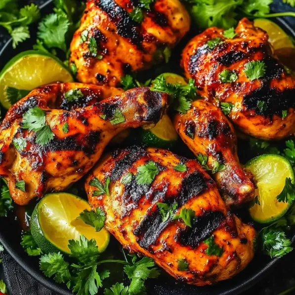 A plate of chicken with lemon and lime wedges.