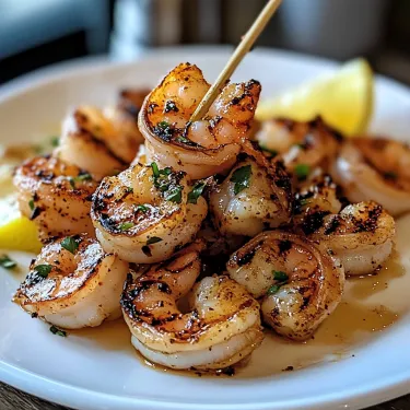 A plate of shrimp with a lemon wedge on top.