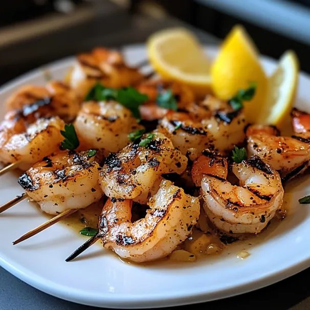 A plate of shrimp with lemon wedges on the side.