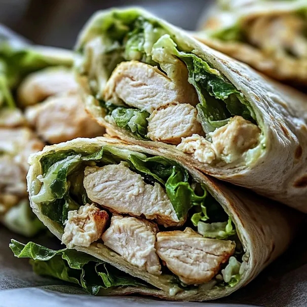 A chicken wrap with lettuce and chicken.